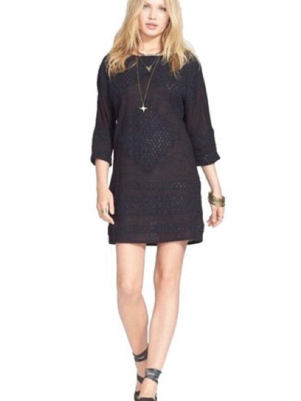 Free People Black Floral Lace-Trim Dress